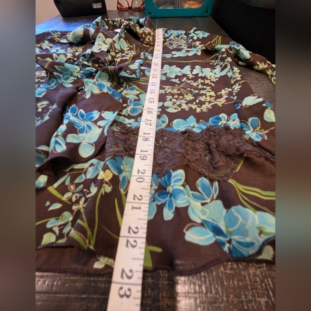 Allison Taylor Floral Ruffle Brown and Blue Women's Top - Picture 5 of 7